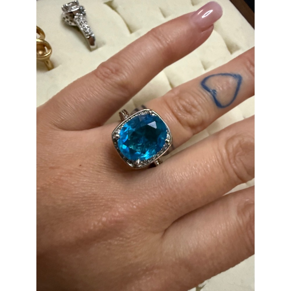 Blue Topaz Style Oval Statement Ring Silver Tone Halo Pave Accent Size 6.5